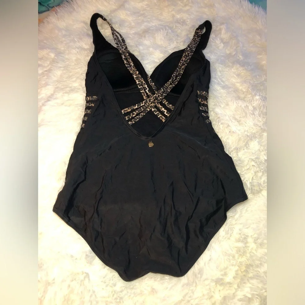 Black One-Piece Swimsuit with Patterned Straps